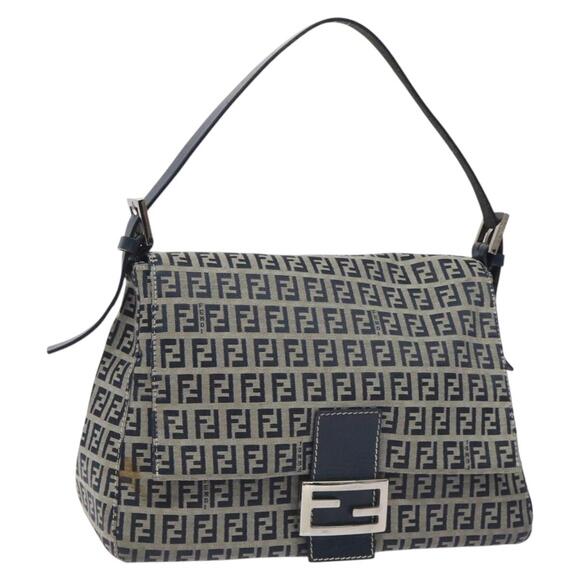FENDI Zucchino Canvas Mamma Baguette Shoulder Bag Navy Silver - Picture 1 of 13